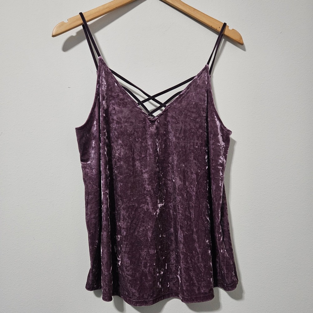 American Eagle Women Purple Crushed Velvet Strappy Cami Large Criss Cross V-Neck